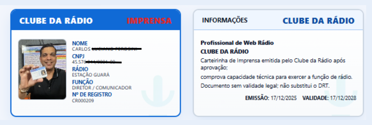 Exemplo da Carteirinha do Clube da Rádio